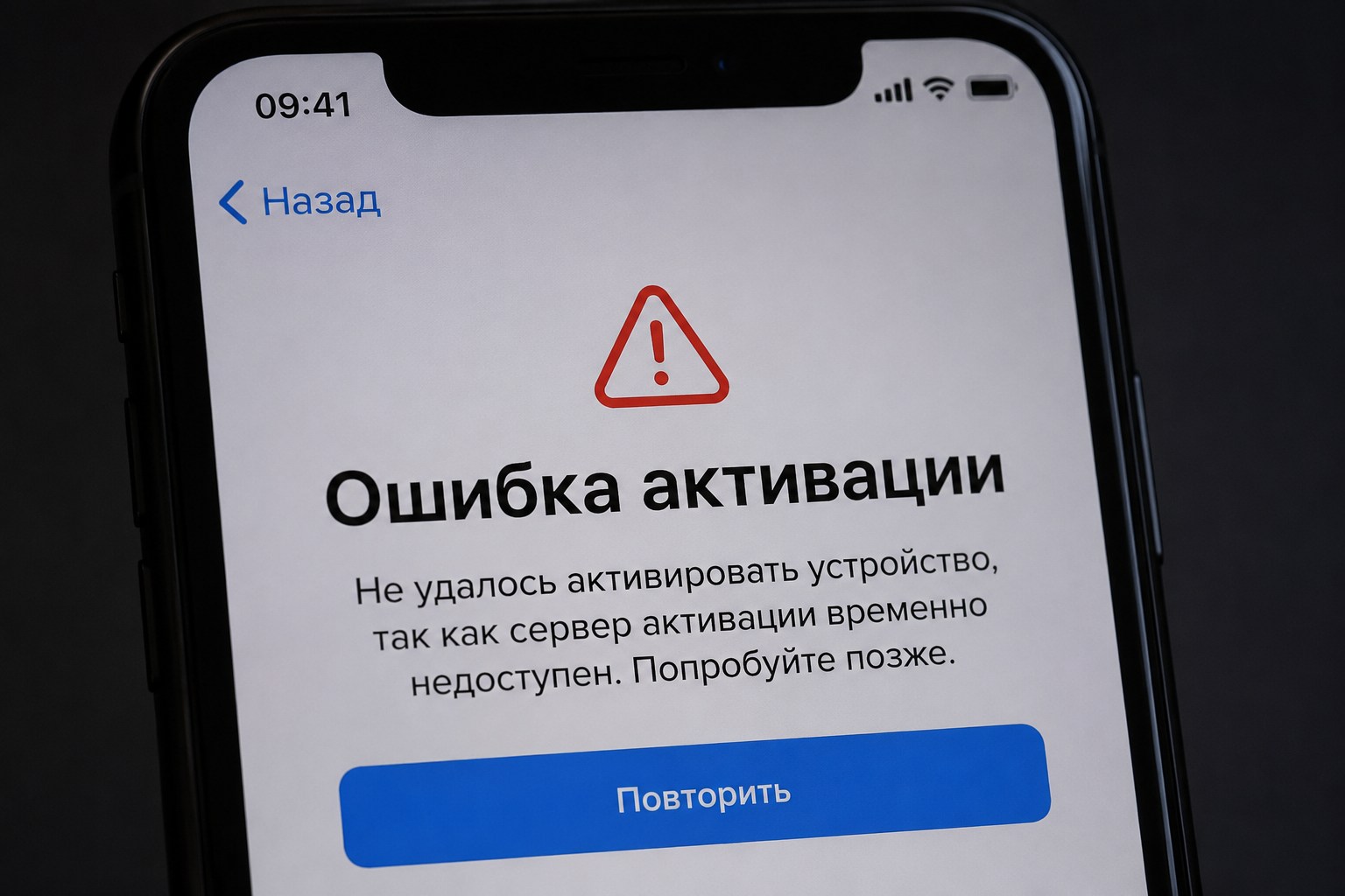ошибка активации на экране смартфона