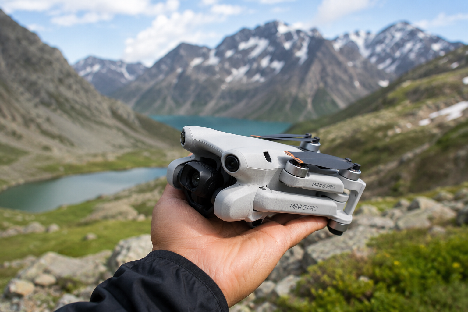 дрон dji mini 5 pro в руке на фоне горного пейзажа