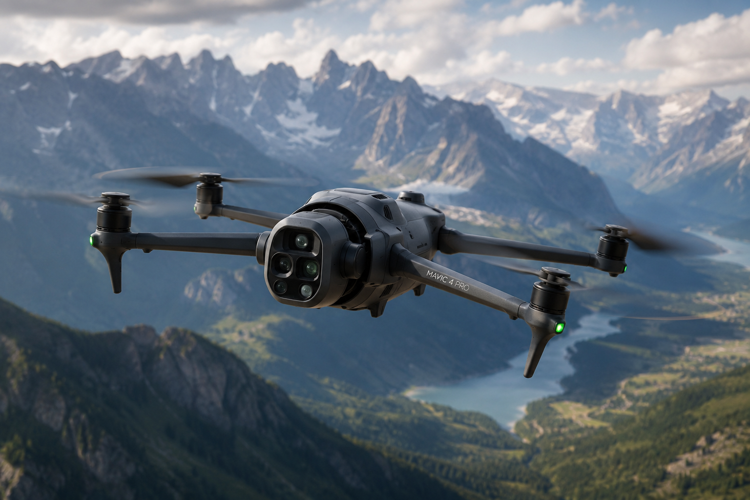 дрон DJI Mavic 4 Pro в полете над горами