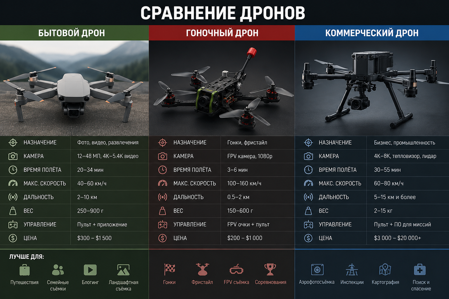 сравнение бытового, гоночного и коммерческого дронов