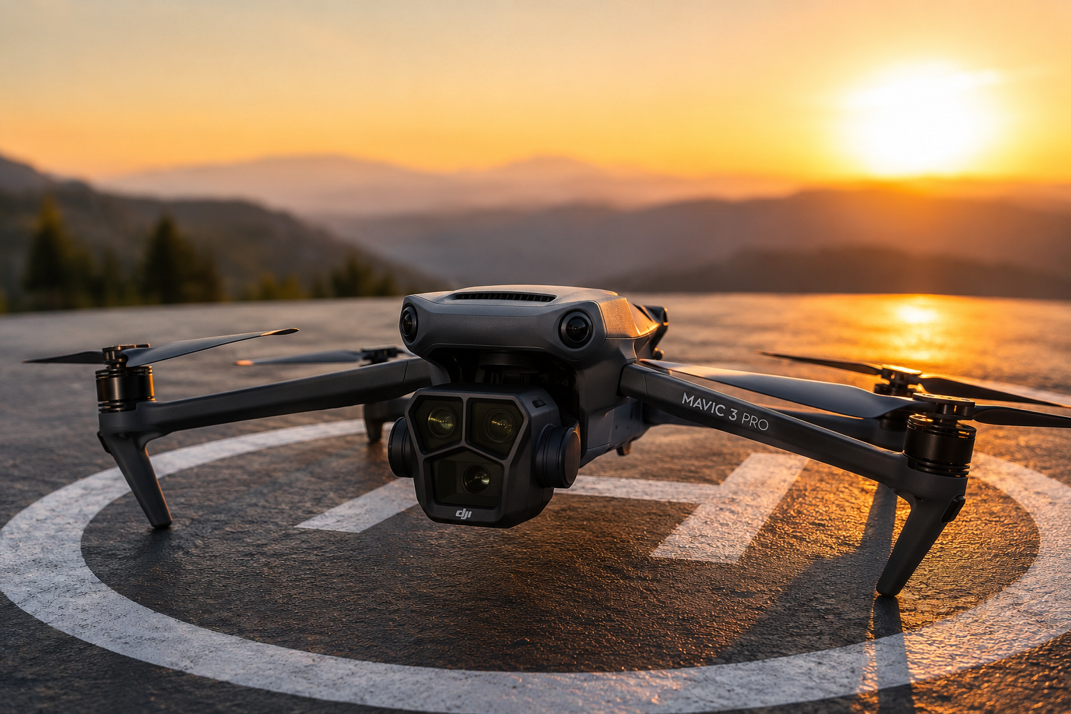 дрон DJI Mavic 3 Pro на взлетной площадке