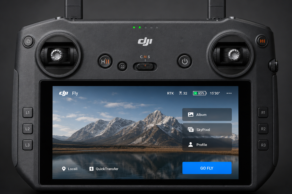 пульт DJI RC Pro с экраном и интерфейсом DJI Fly