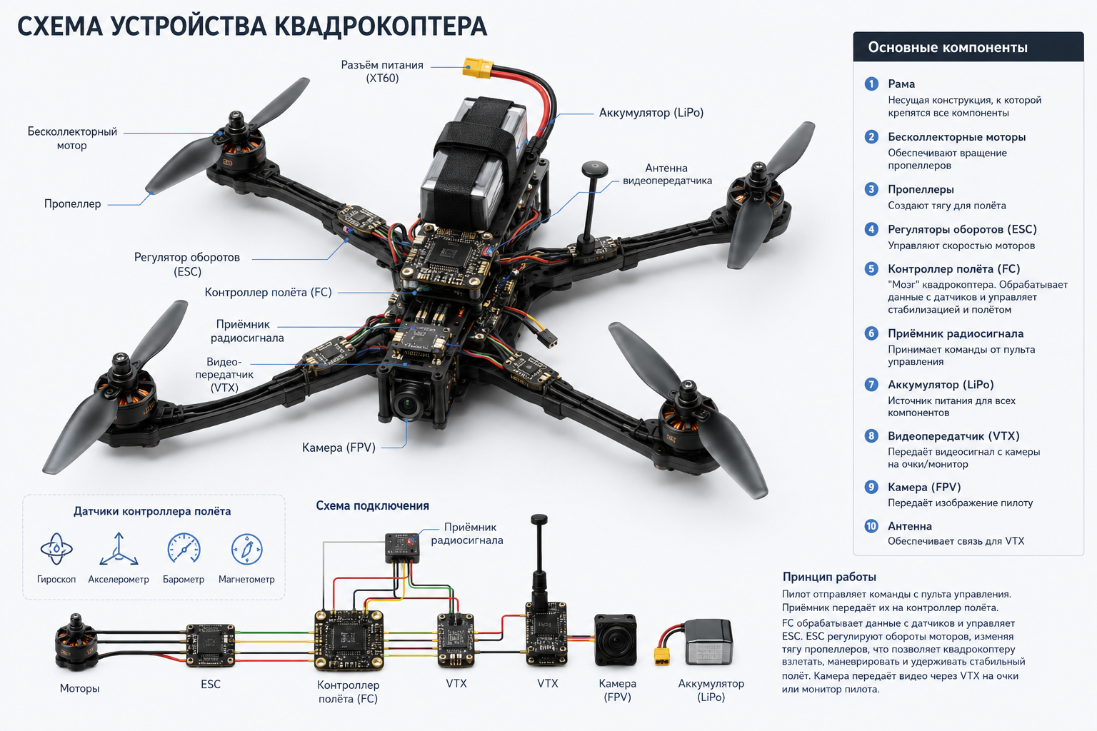 схема устройства квадрокоптера с названиями компонентов