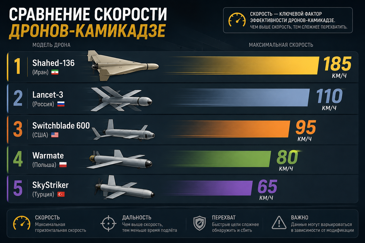 инфографика сравнение скорости дронов-камикадзе