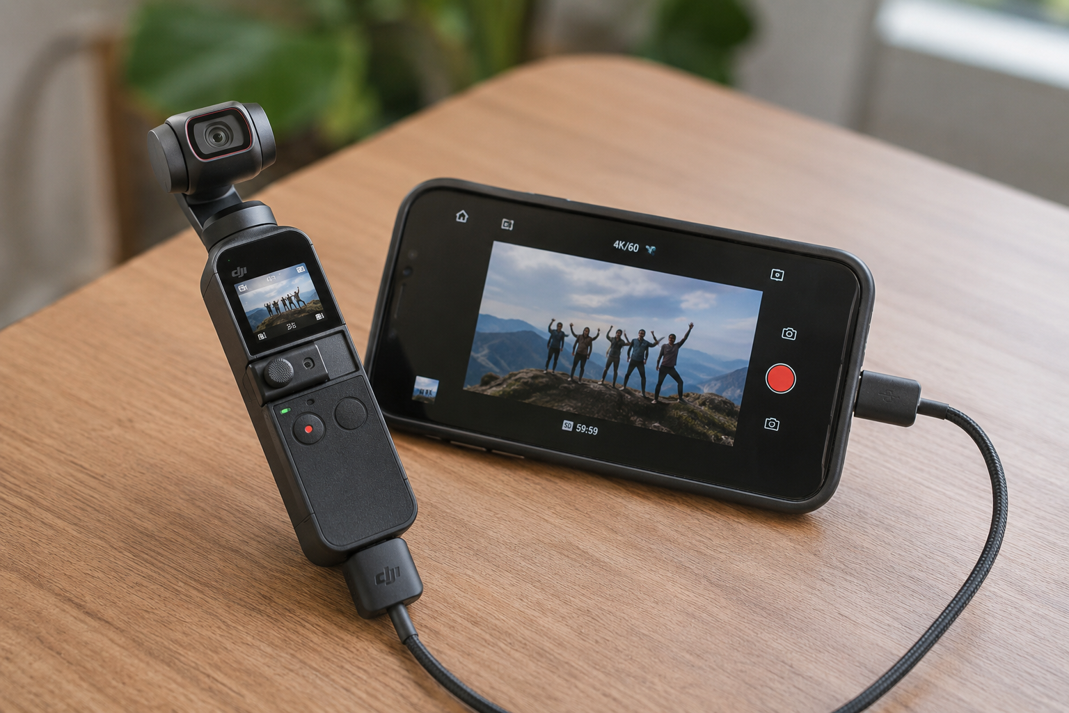 DJI Pocket 2 подключенный к смартфону через адаптер