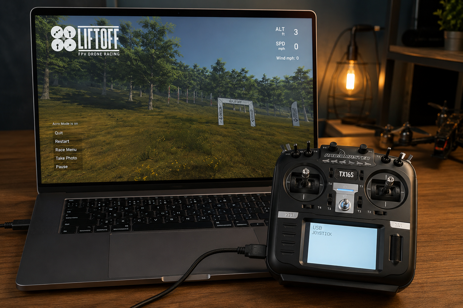 FPV пульт Radiomaster подключен к ноутбуку с симулятором Liftoff