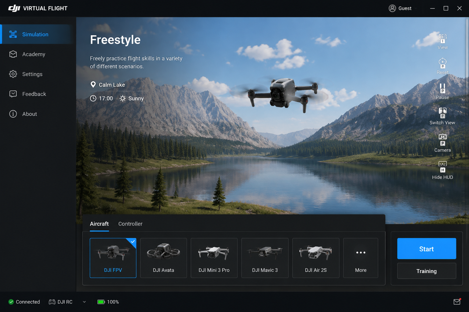 Интерфейс симулятора DJI Virtual Flight на ПК