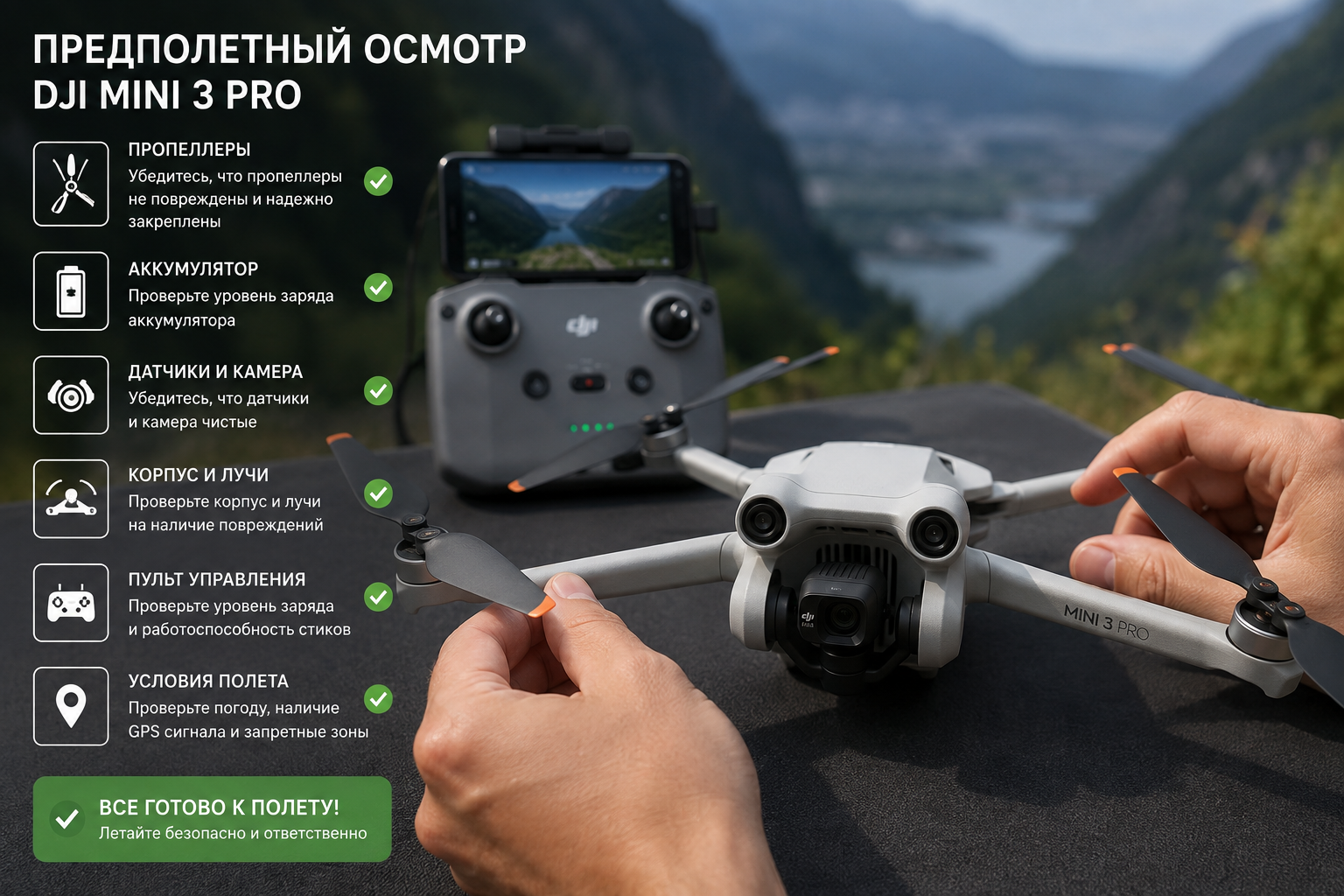 предполетный осмотр дрона DJI Mini 3 Pro
