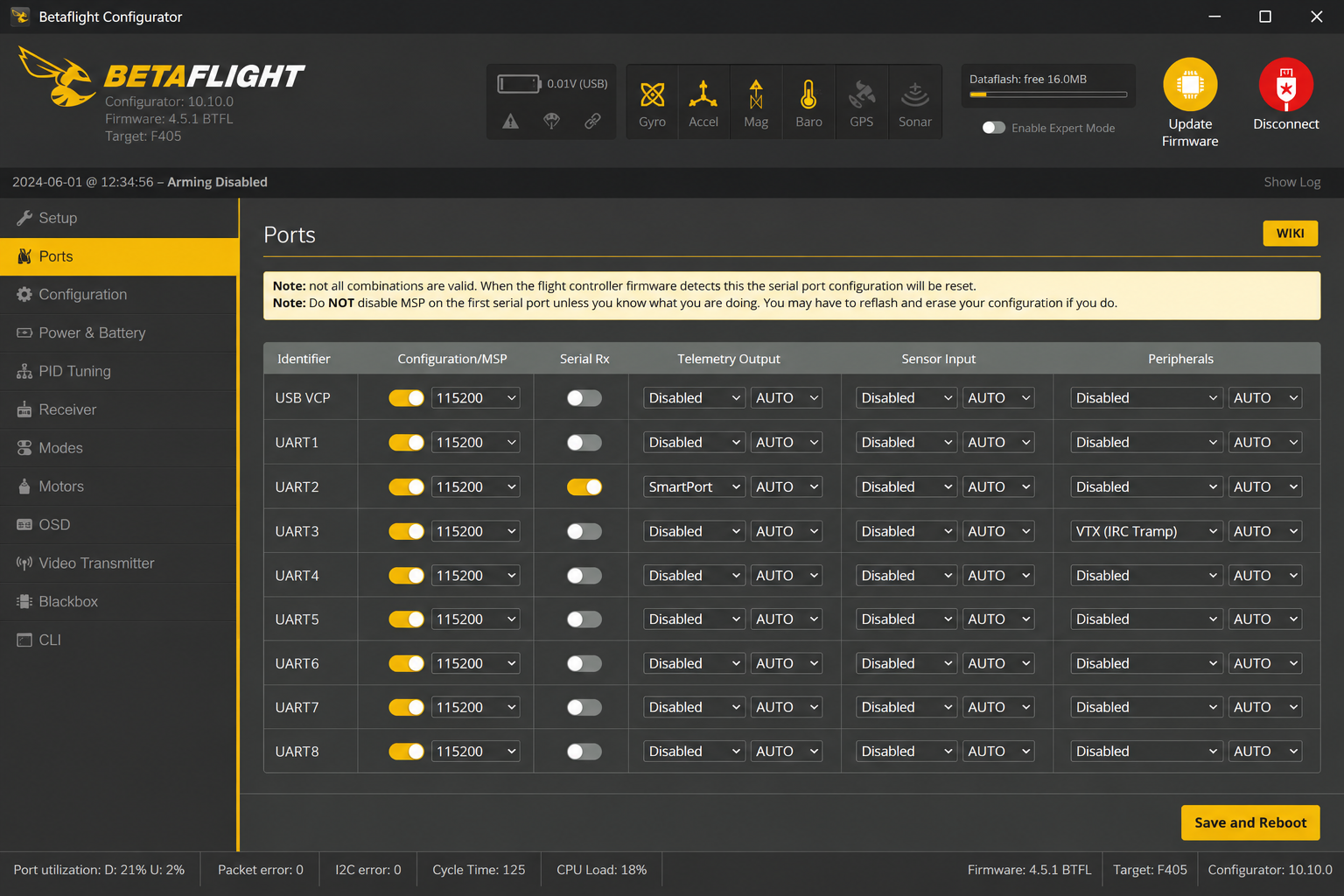 вкладка Ports в Betaflight Configurator