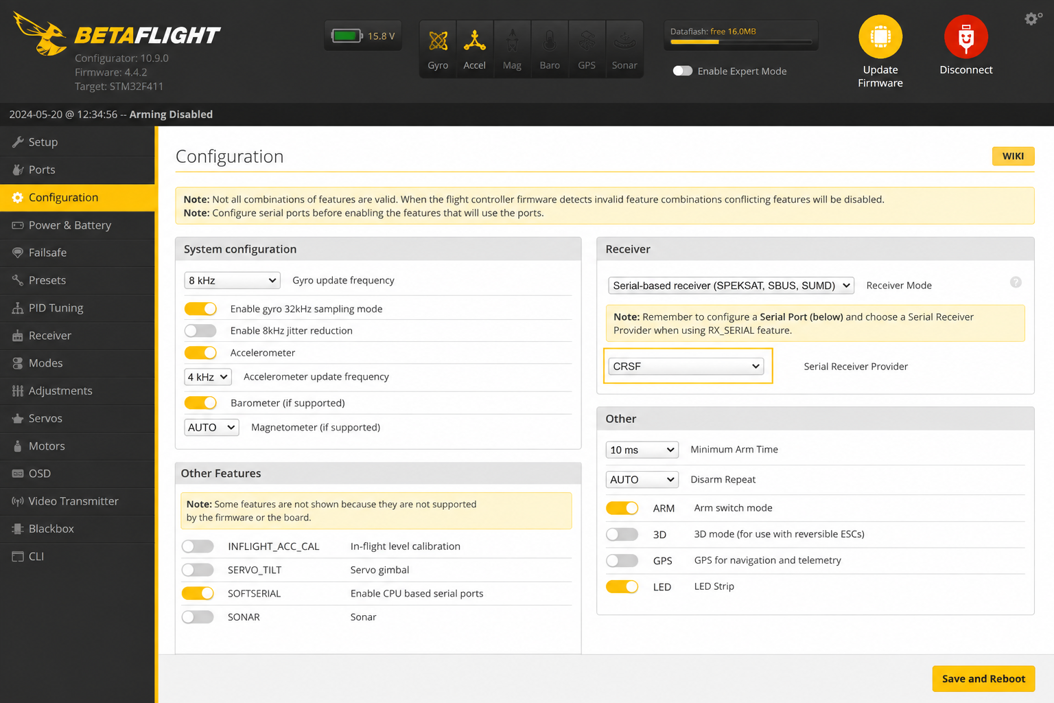 вкладка Configuration в Betaflight с выбором протокола CRSF