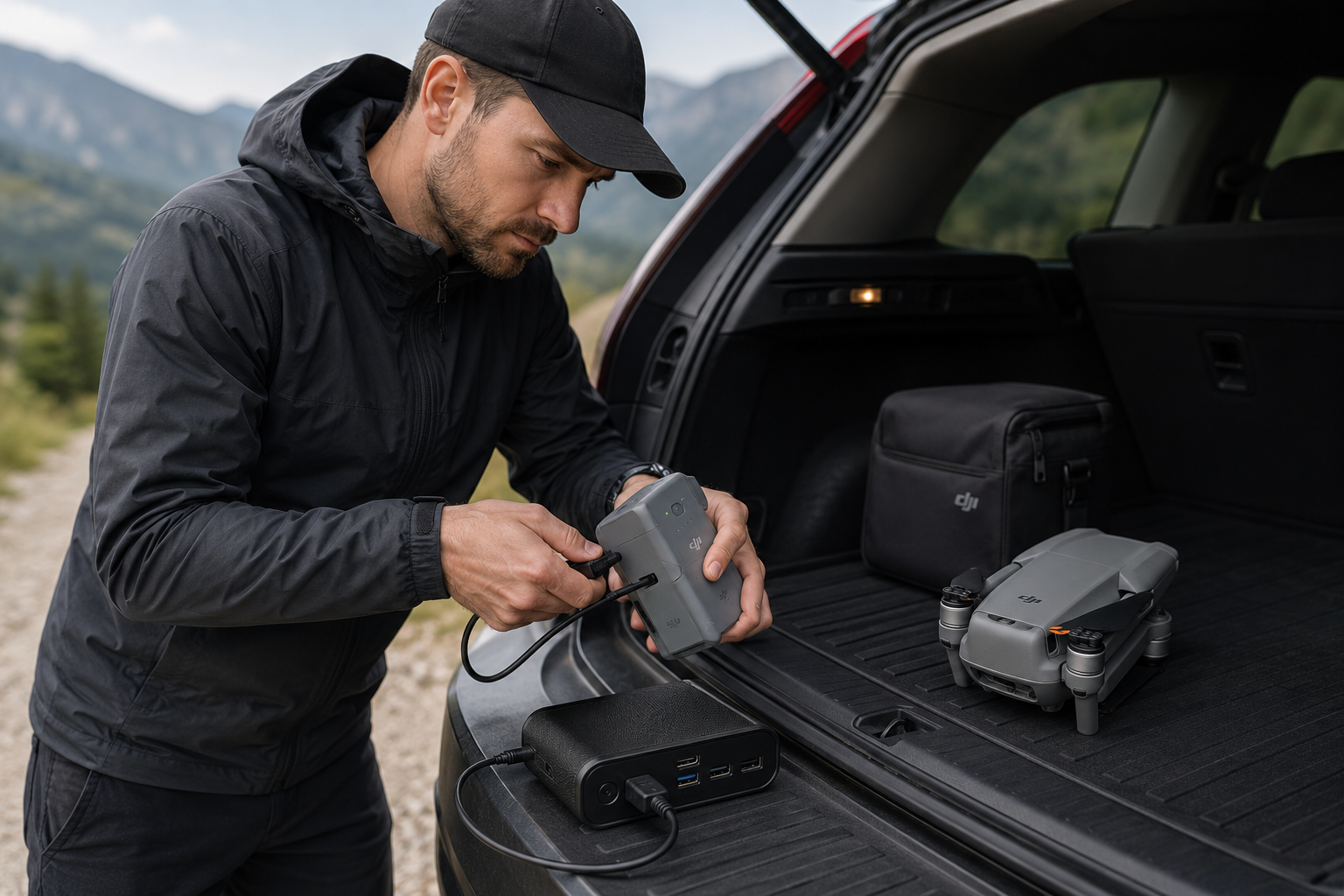 пилот заряжает аккумулятор dji от power bank в багажнике автомобиля