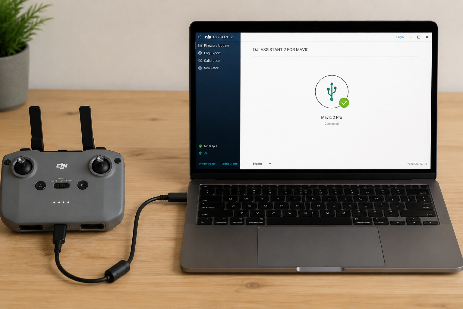 Пульт DJI подключен к ноутбуку с DJI Assistant 2