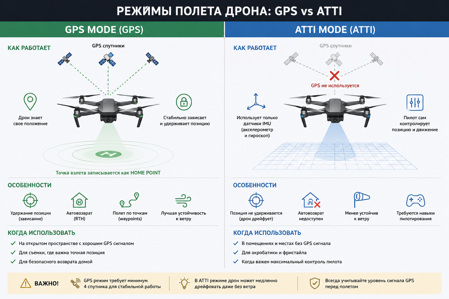 Схема работы режимов полета дрона GPS vs ATTI