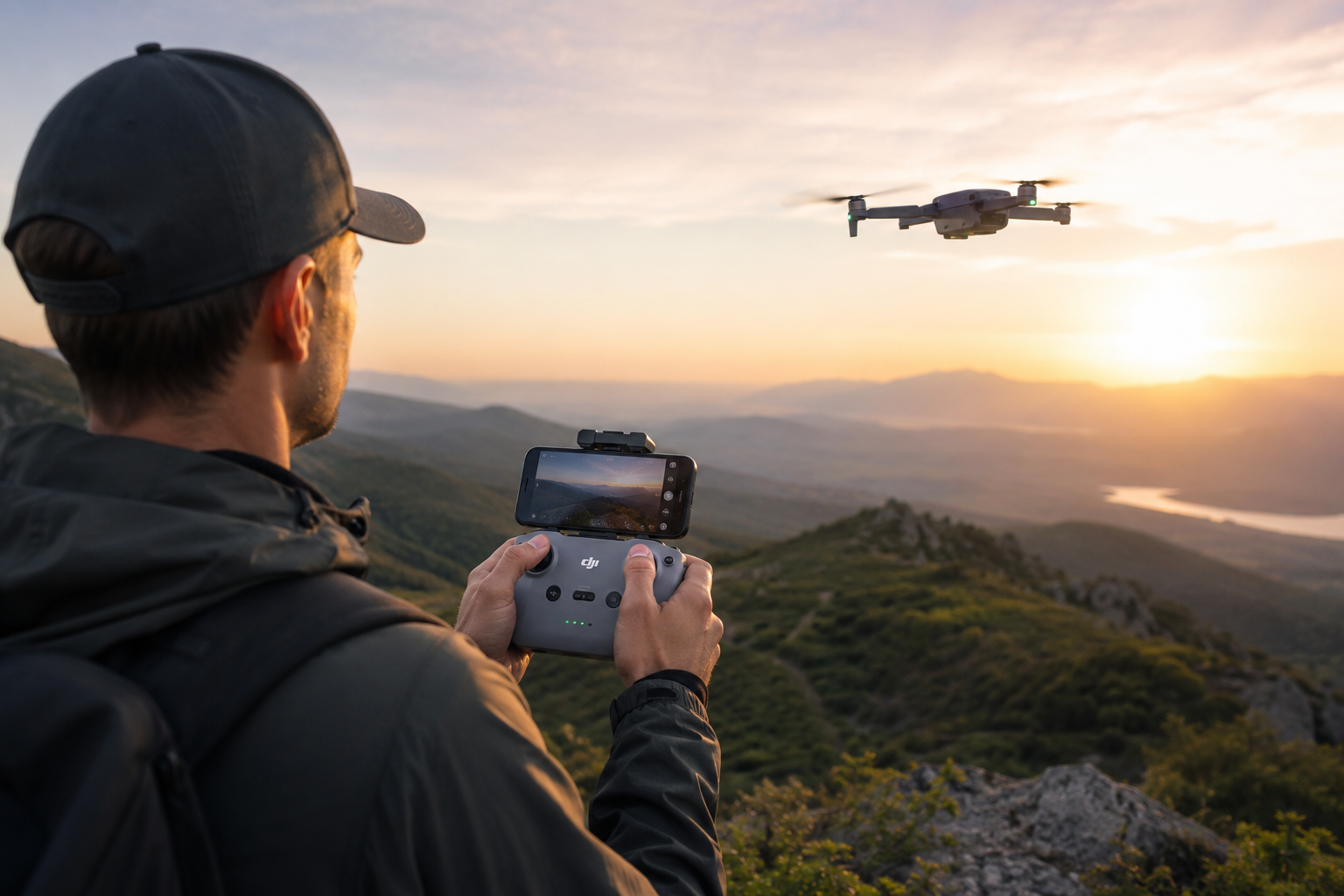 Пилот управляет дроном DJI с пульта RC-N1