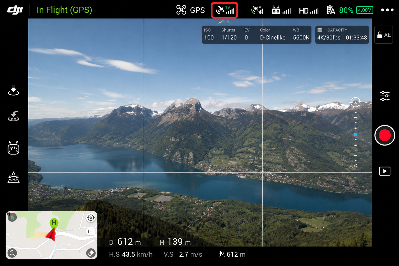 Экран приложения DJI Fly с указанием количества спутников GPS